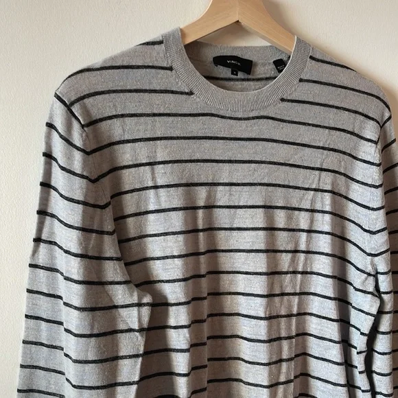 Vince Mens Stripe Crewneck Wool & Linen Sweater Medium Heather Grey Blue $225